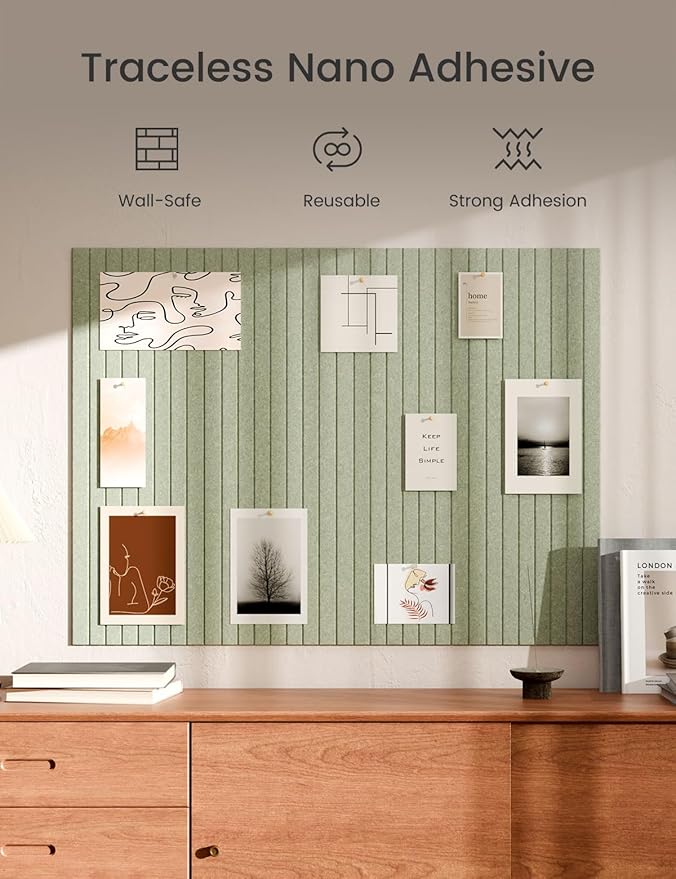 Bumusty Large Cork Board Alternative-47 x35 Felt Bulletin Board Tiles, with 30 Pushpins, 70 Adhesive Tabs, 12-Pack Slat Wall Paneling, Cork Boards for Office Push Pin Board Felt Board-Sage