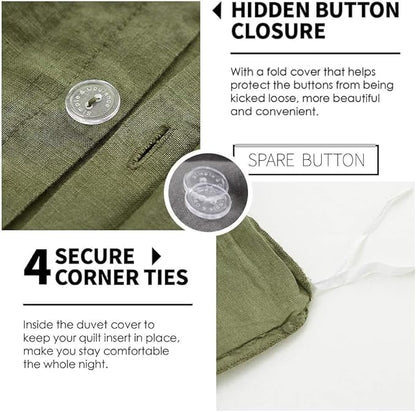 Simple&Opulence 100% Linen Duvet Cover Set, 3 PCS Olive Green Duvet Cover California King Size, Breathable Soft Comfy Linen Bedding Comforter Cover with 2 Pillowcases(Olive Green, 104"x98")