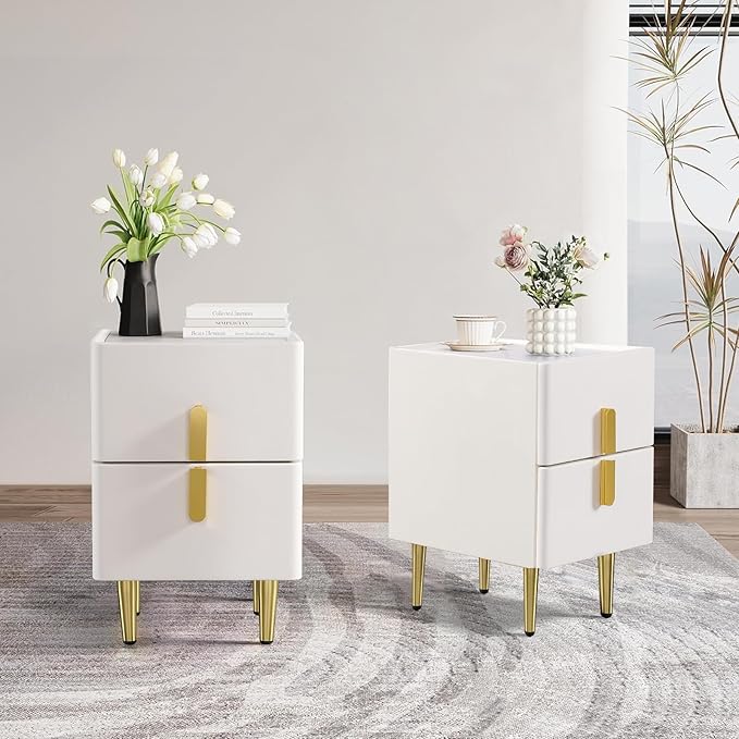 homary Modern Narrow Night Stand, Off White Nightstand with 2 Drawer, Beige Bedside Table in Gold Legs for Bedroom