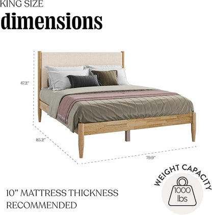 DG Casa Reign Boucle Mid-Century Modern King Size Wooden Platform Bed Frame - Upholstered in Taupe Boucle - Solid Wood with Natural Finish