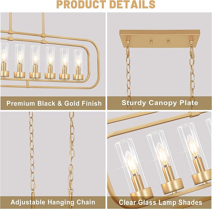 Gold Linear Dining Room Light Fixture, 8 Lights Modern Kitchen Isalnd Light, 45" Long Chandelier Farmhouse Chandeliers for Dining Room Industrial Pendant Lights with Clear Glass
