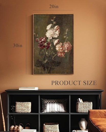 ARPEOTCY Large Framed Canvas Wall Art, Moody Hollyhocks Pictures Decor, 20x30Inch, Bathroom Kitchen Bedroom Vintage Floral Picture Decor, French Country Farmhouse Dark Art