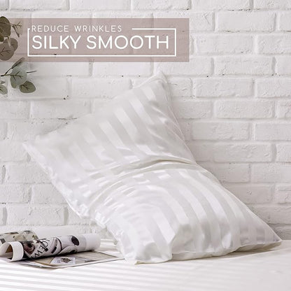 MR&HM Satin Bed Sheets, Twin Size Sheets Set, 3 Pcs Silky Bedding Set with 15 Inches Deep Pocket for Mattress (Twin, Ivory Striped)