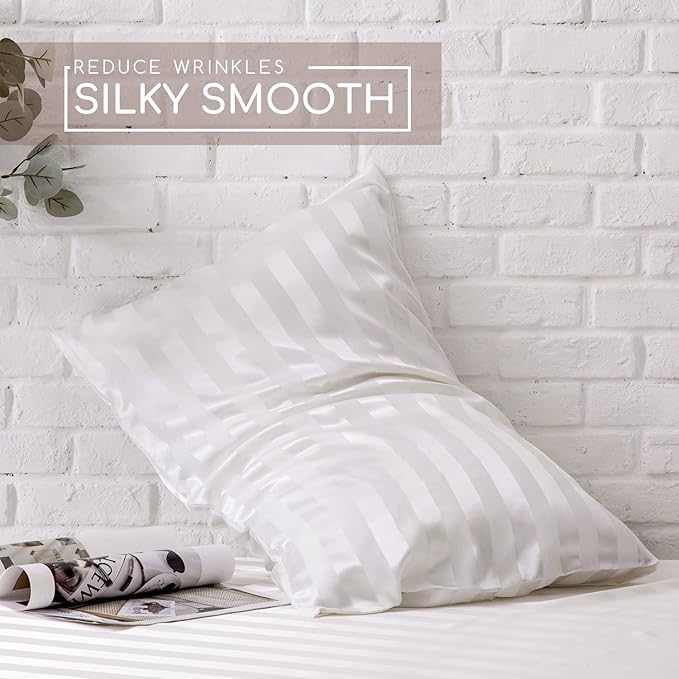 MR&HM Satin Bed Sheets, Full Size Sheets Set, 4 Pcs Silky Bedding Set with 15 Inches Deep Pocket for Mattress (Full, Ivory Striped)