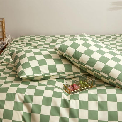 Pureant Green White Plaid Comforter Sets King Women Men Sage Green Checkerboard Grid Bedding Comforters Cotton Boys Girls Modern Grass Green and White Checkered Geometric Quilts Luxury Abstract Bed