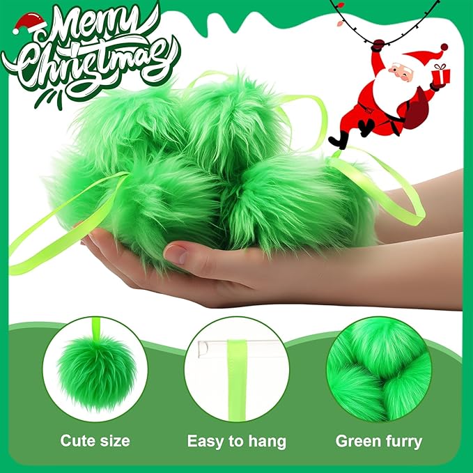 12 Pcs Lime Green Furry Christmas Ball Ornaments for Xmas Tree Hanging Decorations Soft Faux Fur Pom Pom Ball Home Fireplace Party Mantel DIY Decor (2.4 Inches)