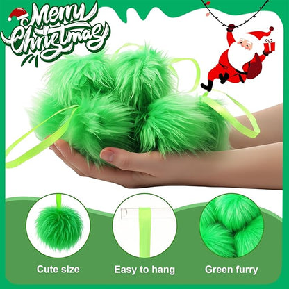 12 Pcs Lime Green Furry Christmas Ball Ornaments for Xmas Tree Hanging Decorations Soft Faux Fur Pom Pom Ball Home Fireplace Party Mantel DIY Decor (2.4 Inches)