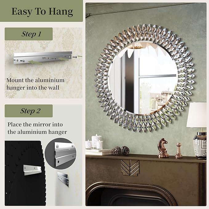 Kelly Miller Jeweled Mirror for Wall Mirror, 28 Inch Round Luxury Mirror with Sparkling Diamonds Beveled Modern Wall Decor for Bathroom, Living Room, Bedroom, Hallway