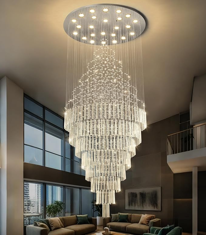 W47 x H120 Crystal LED Chandelier with Light Bulbs Luxury Raindrop High Ceiling Chandeliers for Entryway Villa Staircase Foyer Living Room Lighting Fixtures Silver