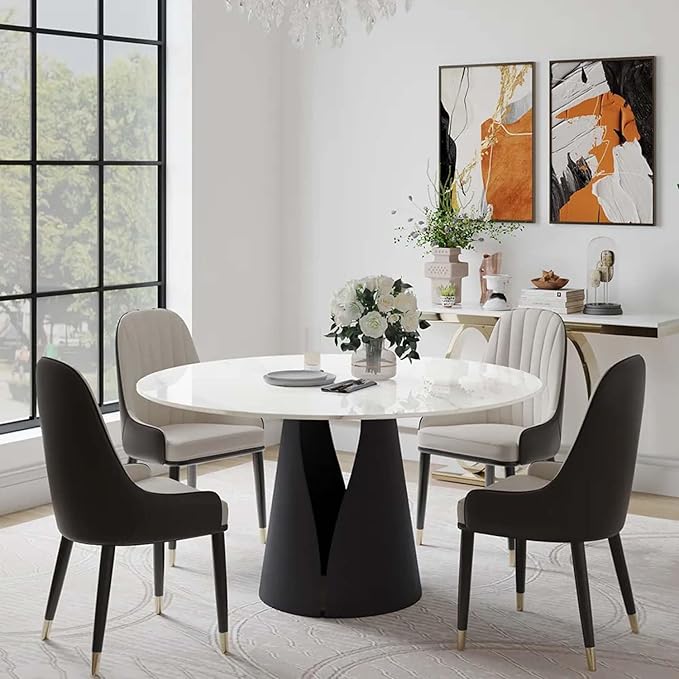 POVISON Round Dining Table for 4, Modern Dining Table 51'', Glossy White Sintered Stone Dining Tabletop with Solid Black Carbon Steel Base, Circle Kitchen Table for Dining Room (Table Only)