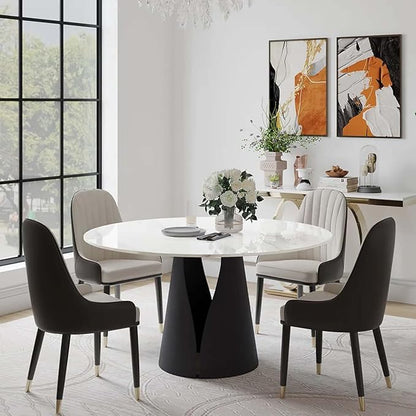 POVISON Round Dining Table for 4, Modern Dining Table 51'', Glossy White Sintered Stone Dining Tabletop with Solid Black Carbon Steel Base, Circle Kitchen Table for Dining Room (Table Only)