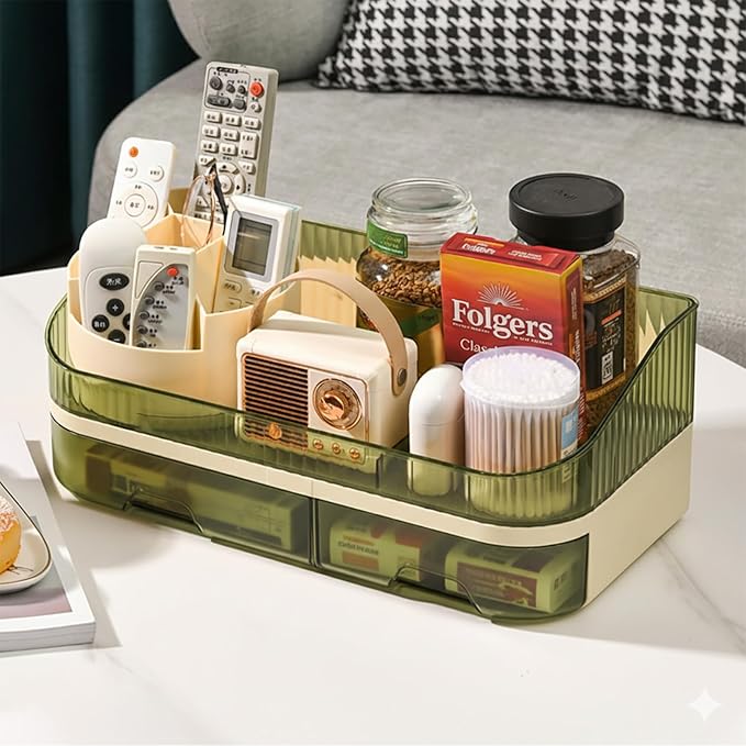 Large Plastic Makeup Organizer with Rotating Brush Holder for Vanity - Bathroom Countertop Skin Care Storage, Easy for Lipsticks, Nail Polishes, Perfumes & Eyeshadow Palettes