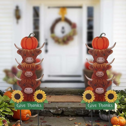 Thanksgiving Outdoor Decorations 39.3" with GIve Thanks Sign and Sunflowers, Large Highland Cow Fall Garden Stakes for Yard Lawn, and Autumn Harvest Decorations