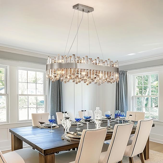 Siljoy 16-Light Modern Crystal Chandelier, Luxury Rectangular 2-Tier Crystal Raindrop Chandelier, Brushed Nickel Oval Pendant Ceiling Light Fixture for Dining Room Kitchen Island Bar L35.4''