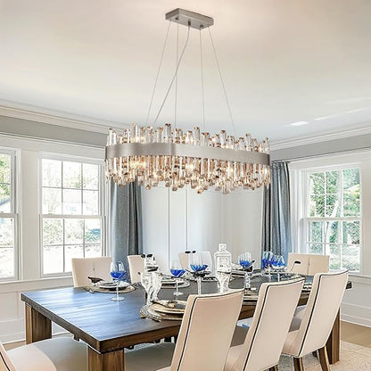 Siljoy 16-Light Modern Crystal Chandelier, Luxury Rectangular 2-Tier Crystal Raindrop Chandelier, Brushed Nickel Oval Pendant Ceiling Light Fixture for Dining Room Kitchen Island Bar L35.4''