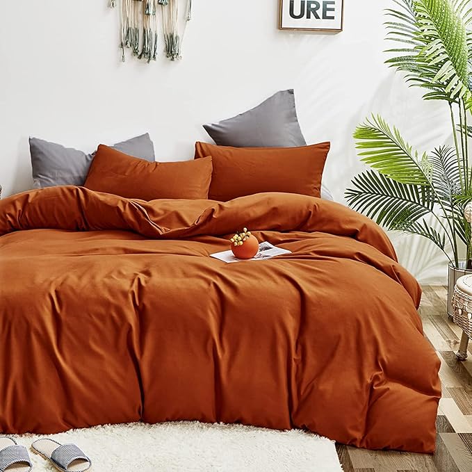 Pureant Queen Size Burnt Orange Comforter Set - 3 Pcs (Comforter, 2 Pillowcases) - Caramel - Modern - Solid - Cotton Blend - 90" x 90" - Machine Washable