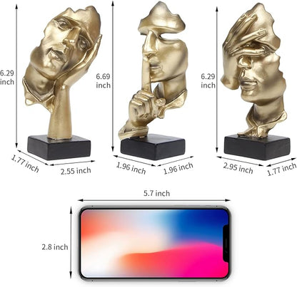 3 Pcs Thinker Statue, Silence is Gold Abstract Art Figurine, No Hear No See No Speak Modern Home Resin Sculptures Decorative Objects Decor for Home Office Bookshelf Desktop(Gold), A-41