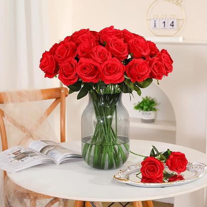 Nubry 50pcs Artificial Silk Roses Bulk,Fake Roses Flower with Stems Realistic Flowers for Wedding Centerpiece Home Party Decor(Red)