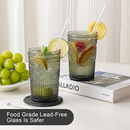Vintage Glassware Drinking Glasses Set of 6,13 oz Grey Textured Flower Design Glass Water Tumblers，Embossed Striped Drinkware for Water,Cocktails,Juice,Iced Coffee