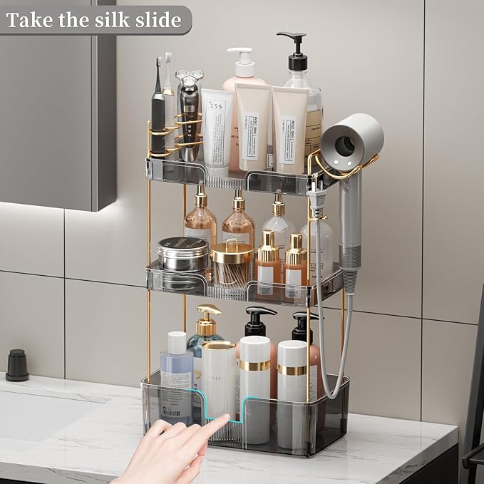 YCIA&DONE Bathroom Counter Organizer, Large Makeup Organizer Countertop, Shelf Storage, Vanity Easily Assemble for Bathroom Organizers and Storage, Undersink, Cabinet, 3 Tiers Grey