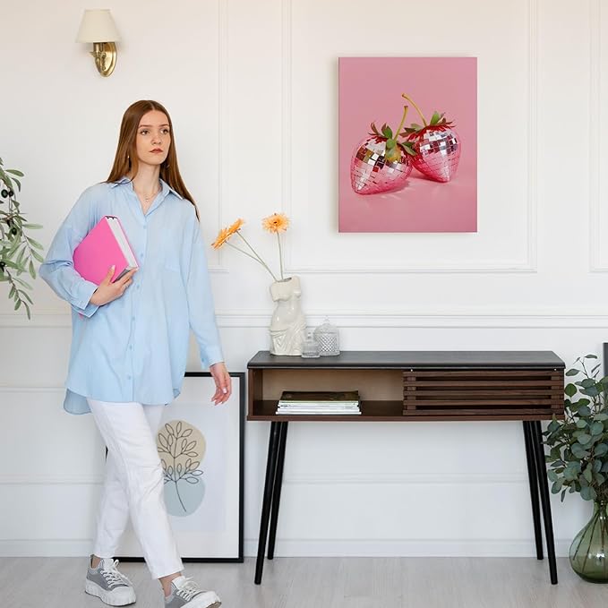 APJYM Funky Red Strawberry Wall Art, Trendy Retro Y2K Disco Ball Strawberry Canvas Wall Art, Aesthetic Posters for Girls Bedroom, Pink Room Decor Y2K, Preppy Room Decor, 11x14 Inches Framed