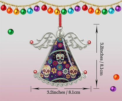 XUTAI Angel Christmas Tree Ornaments Sugar Skulls Flowers on Dark Glass Hanging Angel Glass Pendant for Holiday Decoration