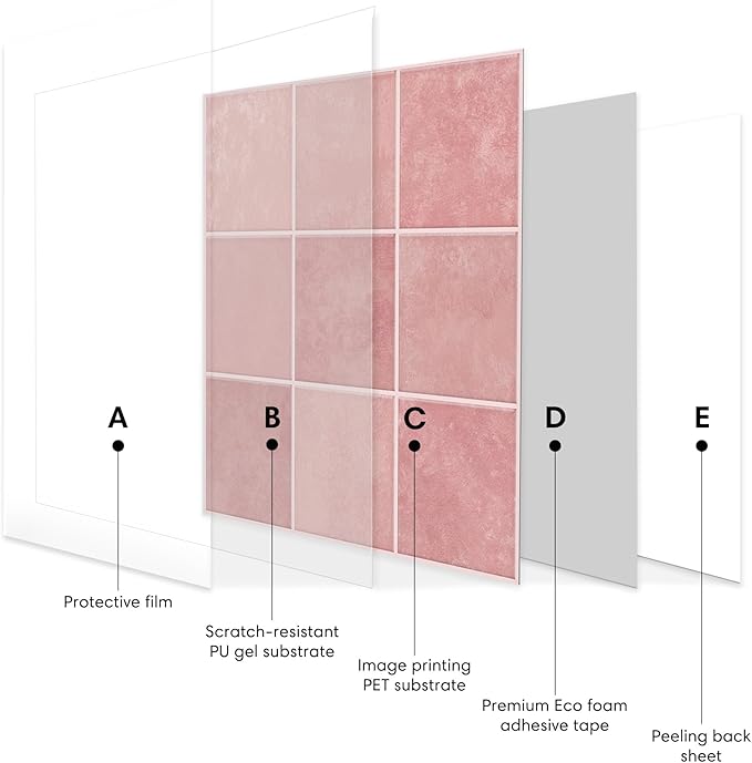 5 Pack Peel and Stick Backsplash Square Tiles, Extra Thick 3D Wall Panels, Heat & Water Resistant, Easy DIY Kitchen, Bathroom, Laundry, Fireplace & Rental Home Wall Décor (12 x 12 in), Pink