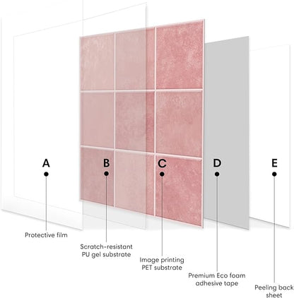 5 Pack Peel and Stick Backsplash Square Tiles, Extra Thick 3D Wall Panels, Heat & Water Resistant, Easy DIY Kitchen, Bathroom, Laundry, Fireplace & Rental Home Wall Décor (12 x 12 in), Pink