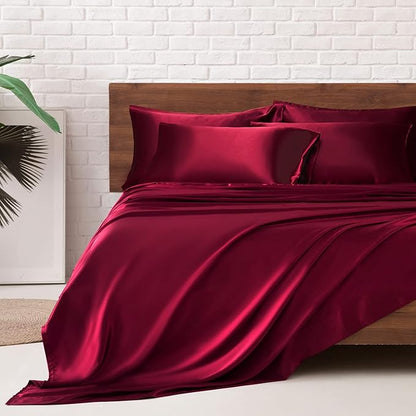 MR&HM Satin Bed Sheets, King Size Sheets Set, 6 Pcs Silky Bedding Set with 15 Inches Deep Pocket for Mattress (King, Burgundy)
