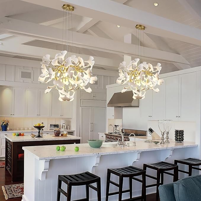 Modern 23.6'' Gold and White Ceramic Ginkgo Leaf Tree Branches Chandeliers, Dining Room Chandelier Over Table, Round Chandelier for Living Room,for Foyer, Kitchen, Bathroom, Bedroom
