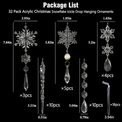 Christmas Tree Decoration Crystal Ornaments - 32pcs Acrylic Christmas Ornaments Snowflake Icicle Drop Crystal Hanging Ornaments for Xmas Tree Winter Holiday Frozen Party Decorations