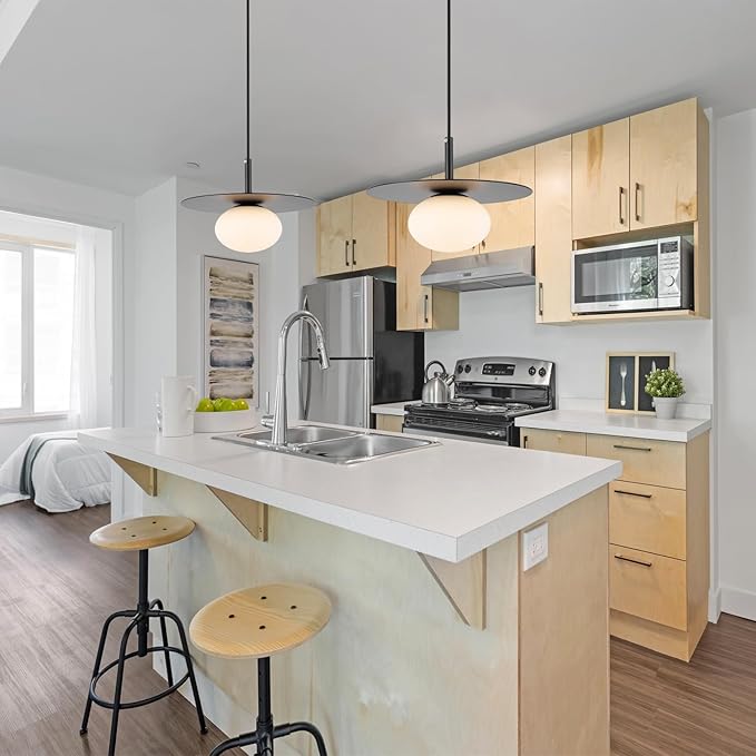 Modern Globe Pendant Lighting Set of 2 Milky White Glass Shade Matte Black Farmhouse Pendant Light 11.81" Dome Industrial Hanging Ceiling Light Fixture Kitchen Island Dinning Room Bedroom