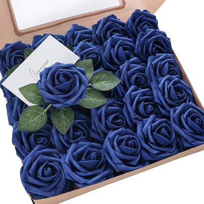 Floroom Artificial Flowers 50pcs Real Looking Royal Blue Foam Fake Roses with Stems for DIY Wedding Bouquets Bridal Shower Centerpieces Floral Arrangements Party Tables Home Decorations