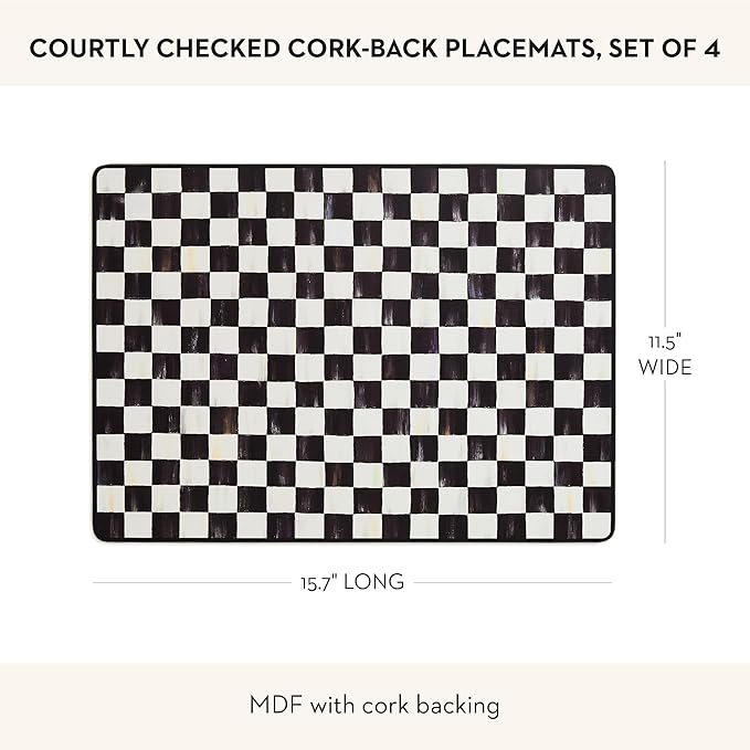 MACKENZIE-CHILDS Set of 4 Cork-Back Placemats, Hard-Finish Table Mats, Black-and-White Courtly Check
