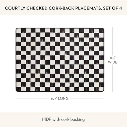 MACKENZIE-CHILDS Set of 4 Cork-Back Placemats, Hard-Finish Table Mats, Black-and-White Courtly Check