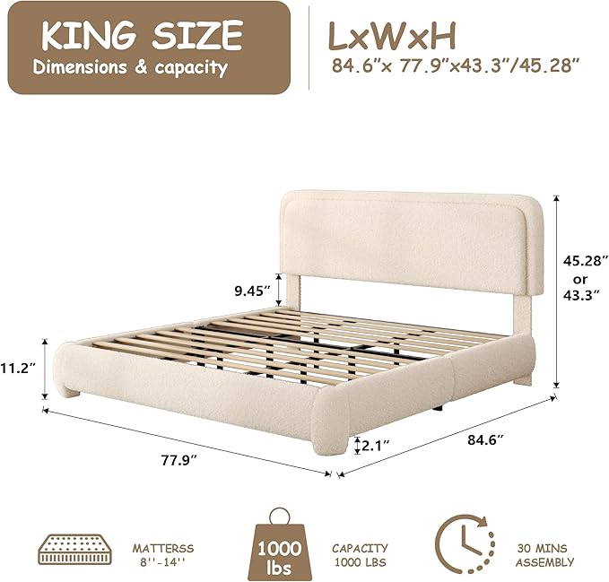 King Size Boucle Bed Frame, Cloud Upholstered Platform Bed with Height Adjustable Headboard & Soft Rounded Corners, No Box Spring Needed, Noise Free, Easy Assembly, Beige