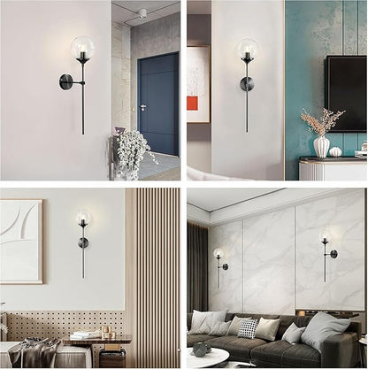 KCO Lighting Mid Century Black Wall Mounted Sconce Round Clear Glass Globe Wall Lamp Minimalist Slim Wall Sconce Light for Hallway Stairs Bathroom Mirror