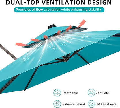 10x13FT Cantilever Outdoor Patio Umbrellas, Double Top Large Rectangle Umbrella, Heavy Duty 360° Rotation Offset Outdoor Sun Shade Umbrella for Garden Deck Pool Backyard, Turquoise