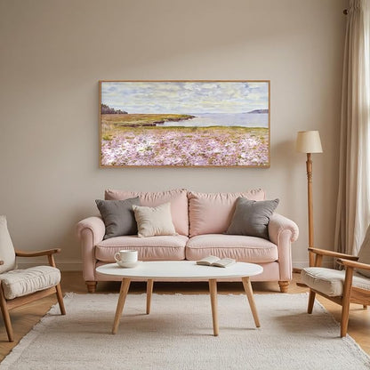 HOURIA Pink Wildflower Coastal Landscape Framed Canvas Wall Art Set,Green Meadow Field Wall Decor,Watercolor Beach Wall Painting,Modern Seaside Wall Decor for Living Room, Bedroom, Farmhouse-20"x40"x1