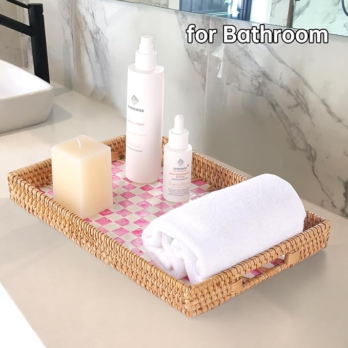 Rectangle Rattan Tray with Mother of Pearl Inlay, Rattan Serving Tray with Handle for Coffee, Bread, Fruits, Decorative Wicker Tray for Table Decor (Rectangle Pink Checkerboard, 13"×9")