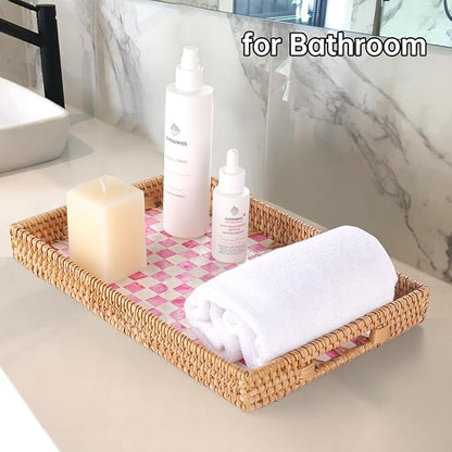 Rectangle Rattan Tray with Mother of Pearl Inlay, Rattan Serving Tray with Handle for Coffee, Bread, Fruits, Decorative Wicker Tray for Table Decor (Rectangle Pink Checkerboard, 13"×9")