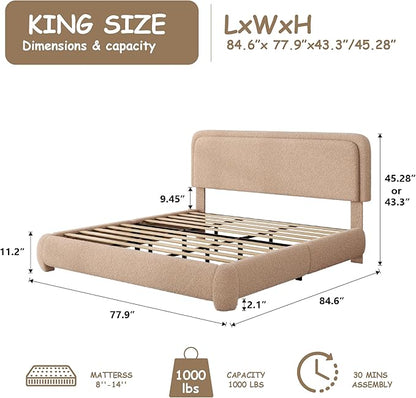 King Size Boucle Bed Frame, Cloud Upholstered Platform Bed with Height Adjustable Headboard & Soft Rounded Corners, Easy Assembly, No Box Spring Needed, Noise Free, Camel