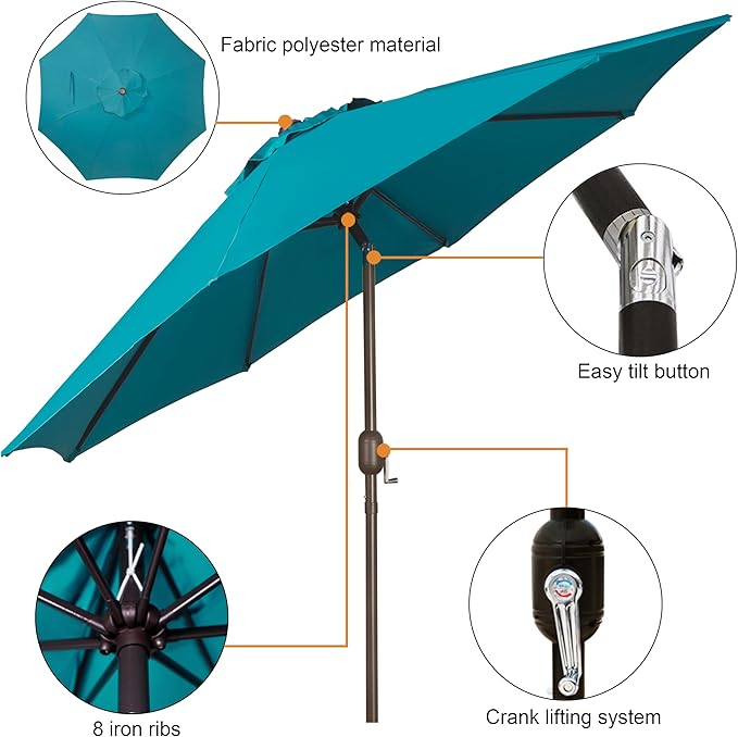 Blissun 9' Outdoor Patio Umbrella, Outdoor Table Umbrella, Yard Umbrella, Market Umbrella with 8 Sturdy Ribs, Push Button Tilt and Crank