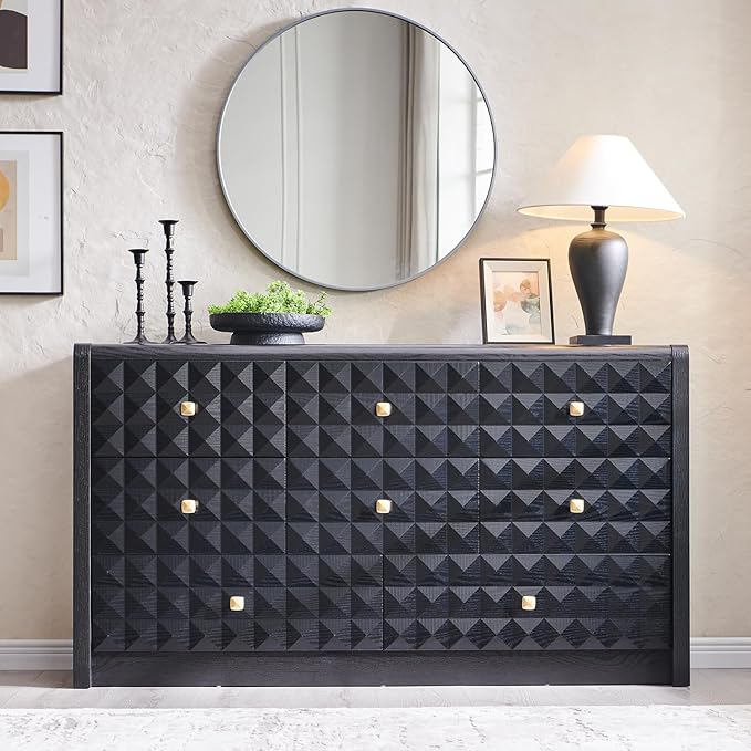 Modern 8 Drawer Dresser for Bedroom, Wooden Large Dressers &Chests of Drawers w/Two Different Drawer Sizes, Mid Century Modern Dresser w/Diamond Panel Decorate for Bedroom, Curved Profile Design,Black