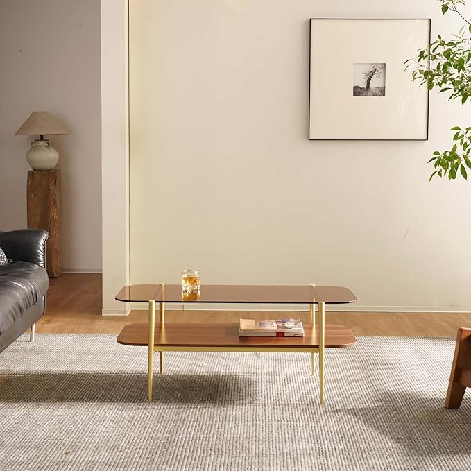 AGV LIGHTING Tadio Glass Coffee Table, Mid-Century Modern Coffee Table for Living Room, Gold Finish Leg, Coffee Brown Glass Top & Walnut Brown Shelf, Rounded Corners