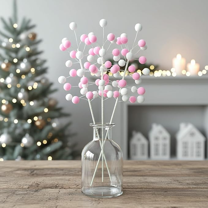 6 Pcs Pink White Pom Poms Christmas Decorations & Felt Christmas Picks and Sprays DIY Xmas Tree Toppers, Festive Tree Filler & Decor (PinkWhite)