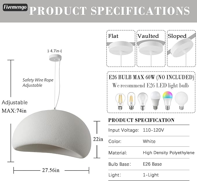 27.6in Large Wabi Sabi Pendant Lights Kitchen Island Lighting Fixture Ceiling Mount White Modern Japanese Lamp Japandi Chandelier for Dining Living Room Bedroom Restaurant Hanging Lamp