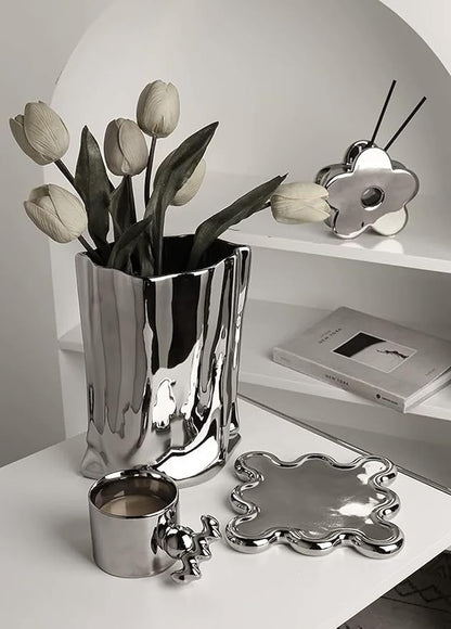 BLOFLO Silver Ceramic Modern Vase Crinkle Fold Paper Bag Handmade Ceramic Vase, Creative Flower Arrangement Ornaments, Decorative Vases for Home Decor, Mantel, Living Room Decoration (Silver)