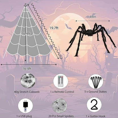 Halloween Decorations Outdoor, Spider Web Lights 250 LED Lighted Spider Web 16.4Ft Giant Halloween Decorations Light up, 8 Lighting Modes Waterproof & Timer for Indoor House Haunted Yard Decor, Purple