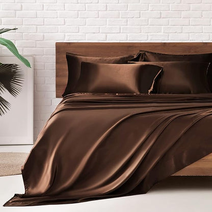 MR&HM Satin Bed Sheets, King Size Sheets Set, 6 Pcs Silky Bedding Set with 15 Inches Deep Pocket for Mattress (King, Brown)